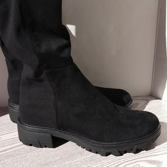 Unisa Black Tall Knee Faux Suede Boots Slip-On Elastic Stretch Back Sz 8M - Picture 4 of 16